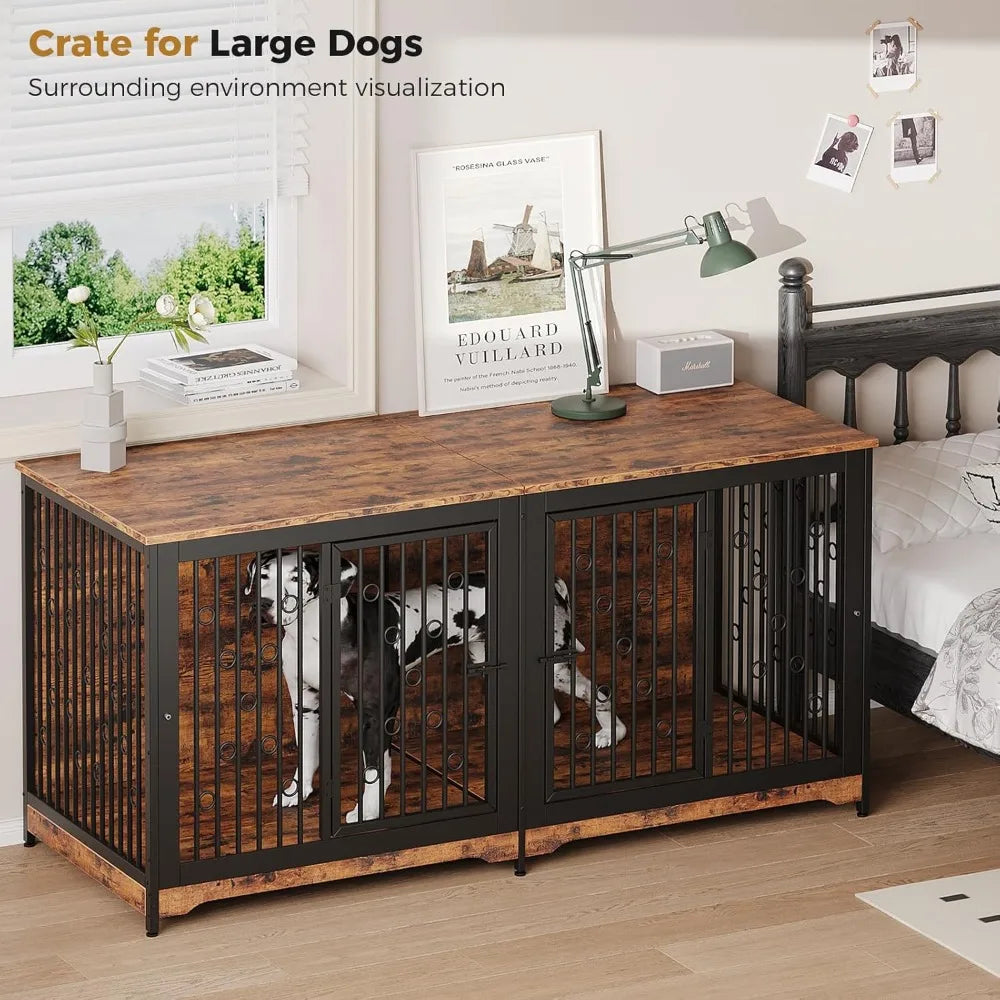 71 Inch Dog Crate Furniture for 2 Dogs XXL Wooden Dog Cage Kennel