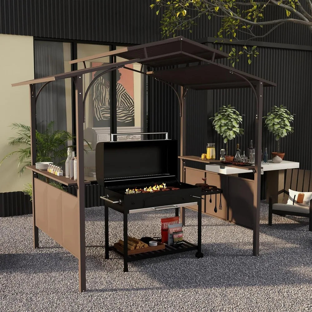 8x5 BBQ Grill Gazebo Outdoor Canopy with Side Shelves and Steel Frame
