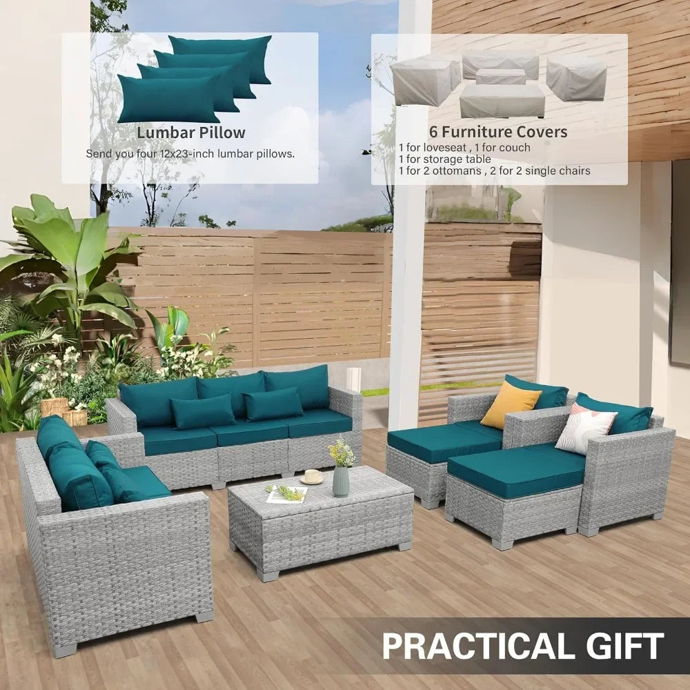 Ljustra 7 Piece Gray Rattan Patio Furniture Set Outdoor Sofa Storage Table