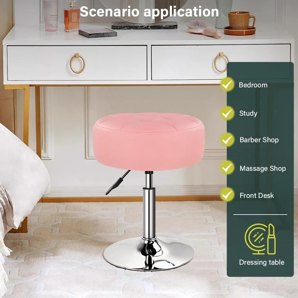 Pink Thickened Vanity Stool Round PU Leather Swivel Adjustable Makeup Chair