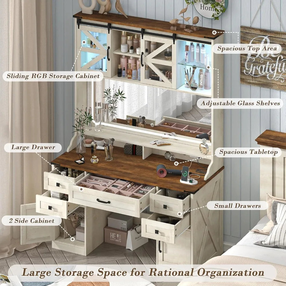 75.2 Farmhouse Vanity Desk with Mirror Lights Makeup Table Power Outlet