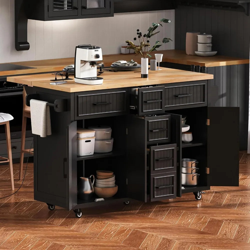 Kitchen Island with Drop Leaf Power Outlet Storage on Wheels