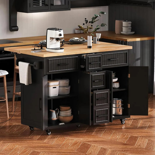 Kitchen Island with Drop Leaf Power Outlet Storage on Wheels