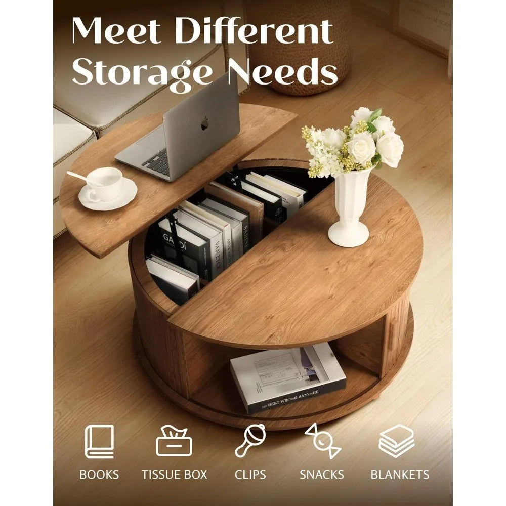 Round Lift Top Coffee Table with Storage Mid Century Modern Design