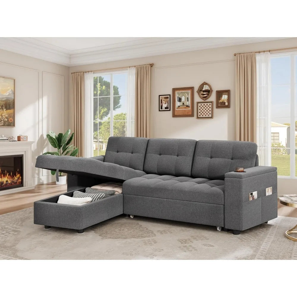Modern L-Shaped Sleeper Sofa Bed w/ Pull Out, USB Ports, Storage Chaise, Reversible Couch