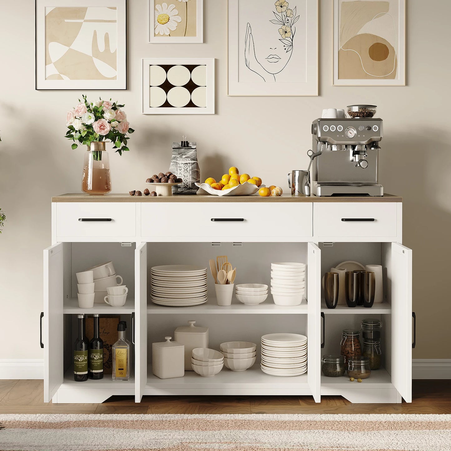 Buffet Cabinet with Storage 55 Inch Sideboard with 3 Drawers 4 Doors