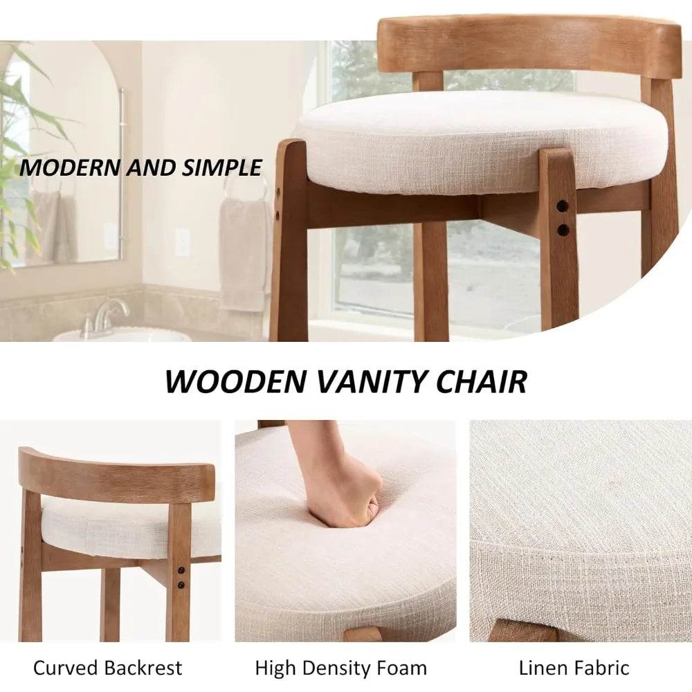 Wood Vanity Chair with Back Linen Upholstered Ottoman Mid-Century Modern