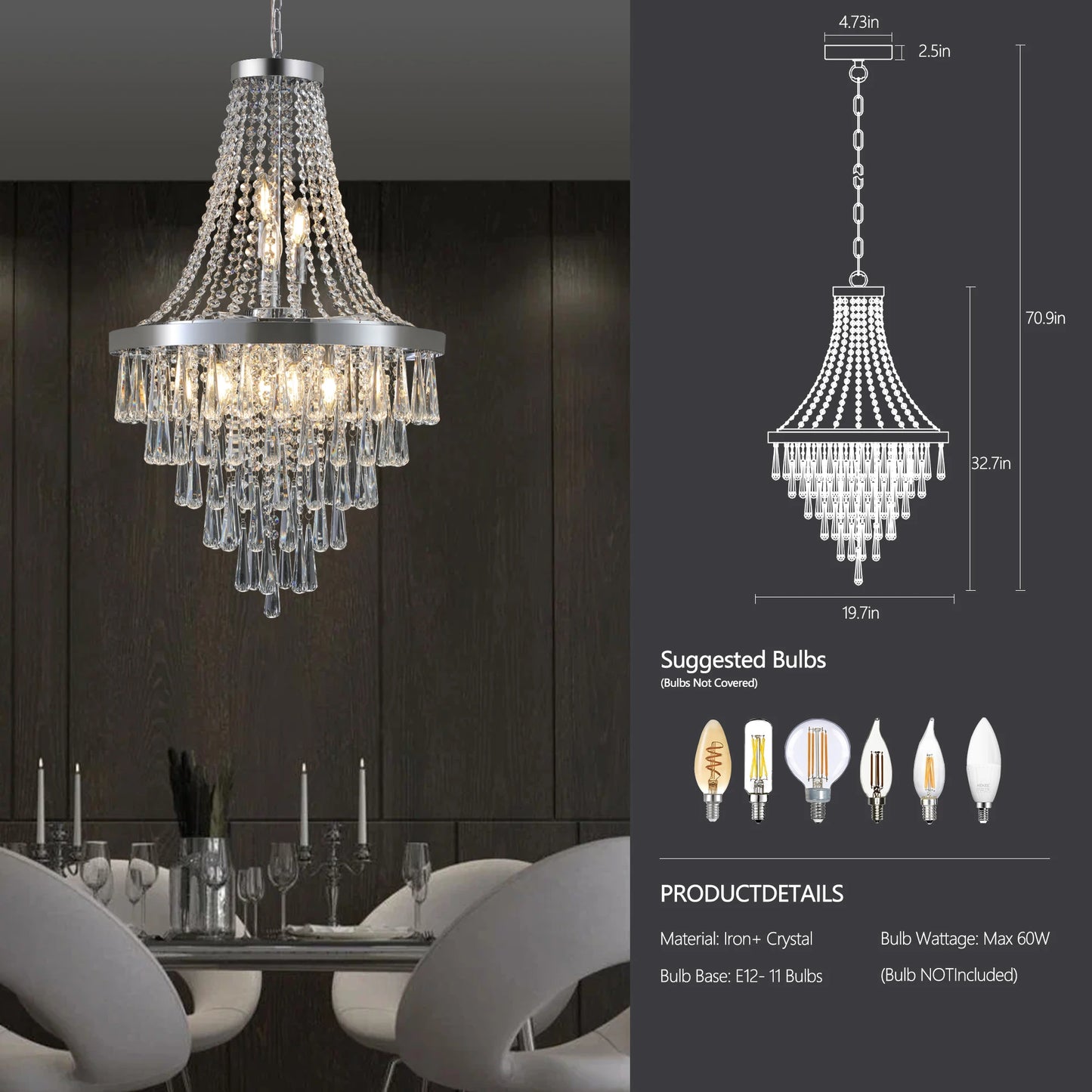 19.7-inch Crystal Chandelier Adjustable Height Modern Ceiling Light Fixture