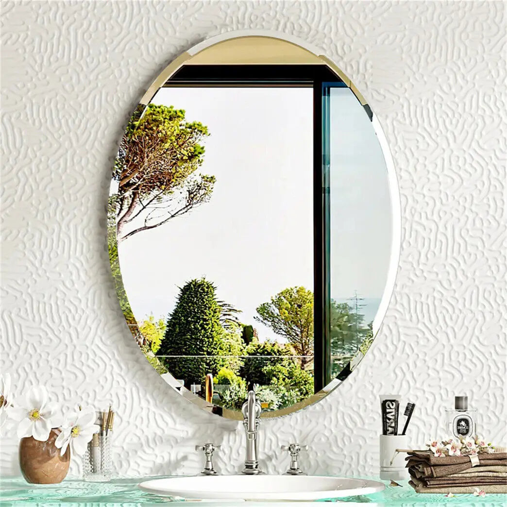 Frameless Oval Beveled Edge Bathroom Mirror for Living Room Entryway
