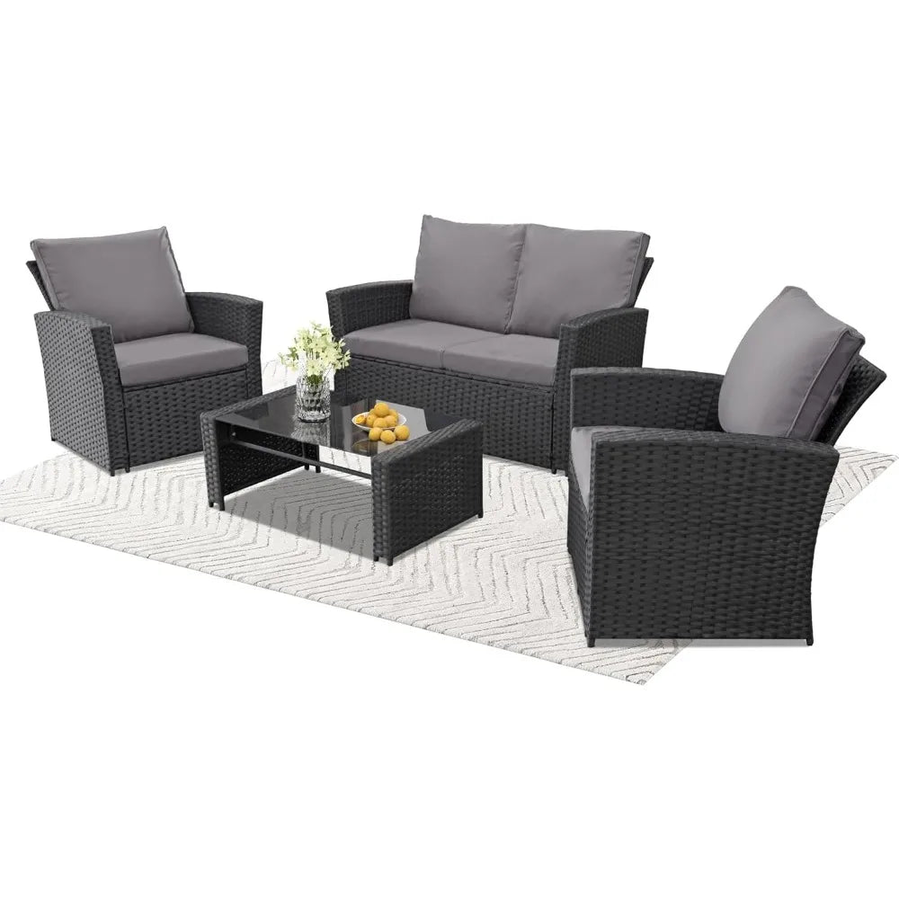 4 Piece Wicker Outdoor Patio Furniture Set Sectional Sofa with Table