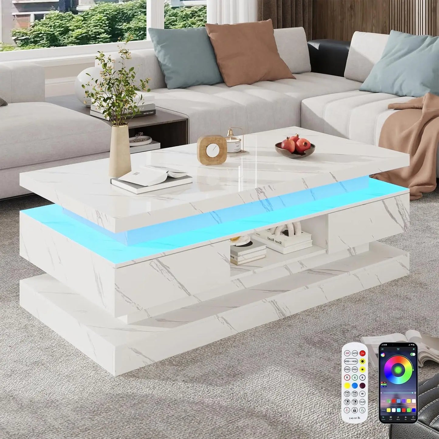 47.2 Inch Modern High Gloss LED Coffee Table with 2 Drawers and Lights