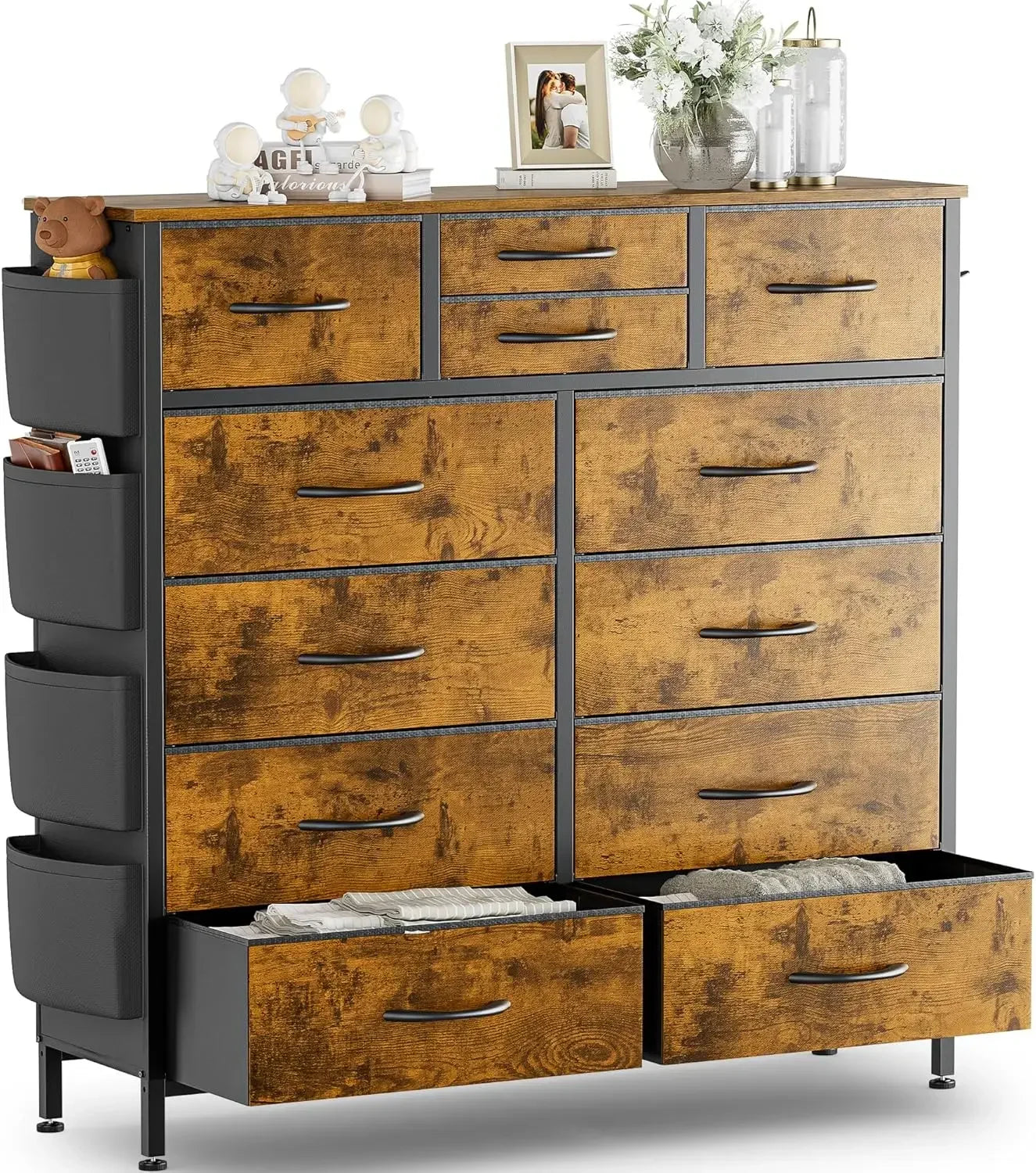Dresser for Bedroom with 12 Drawers and Side Pockets for Storage