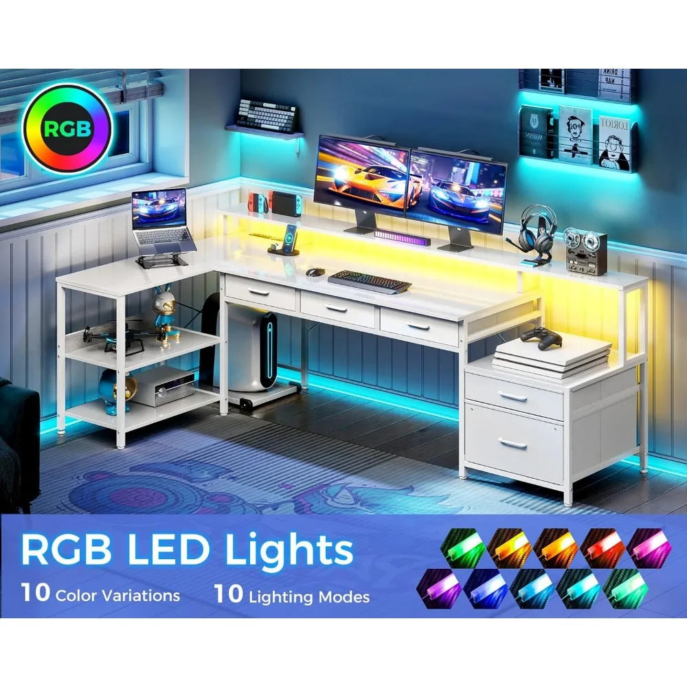 L Shaped Desk with 5 Drawers Reversible Power Outlet LED Lights Storage