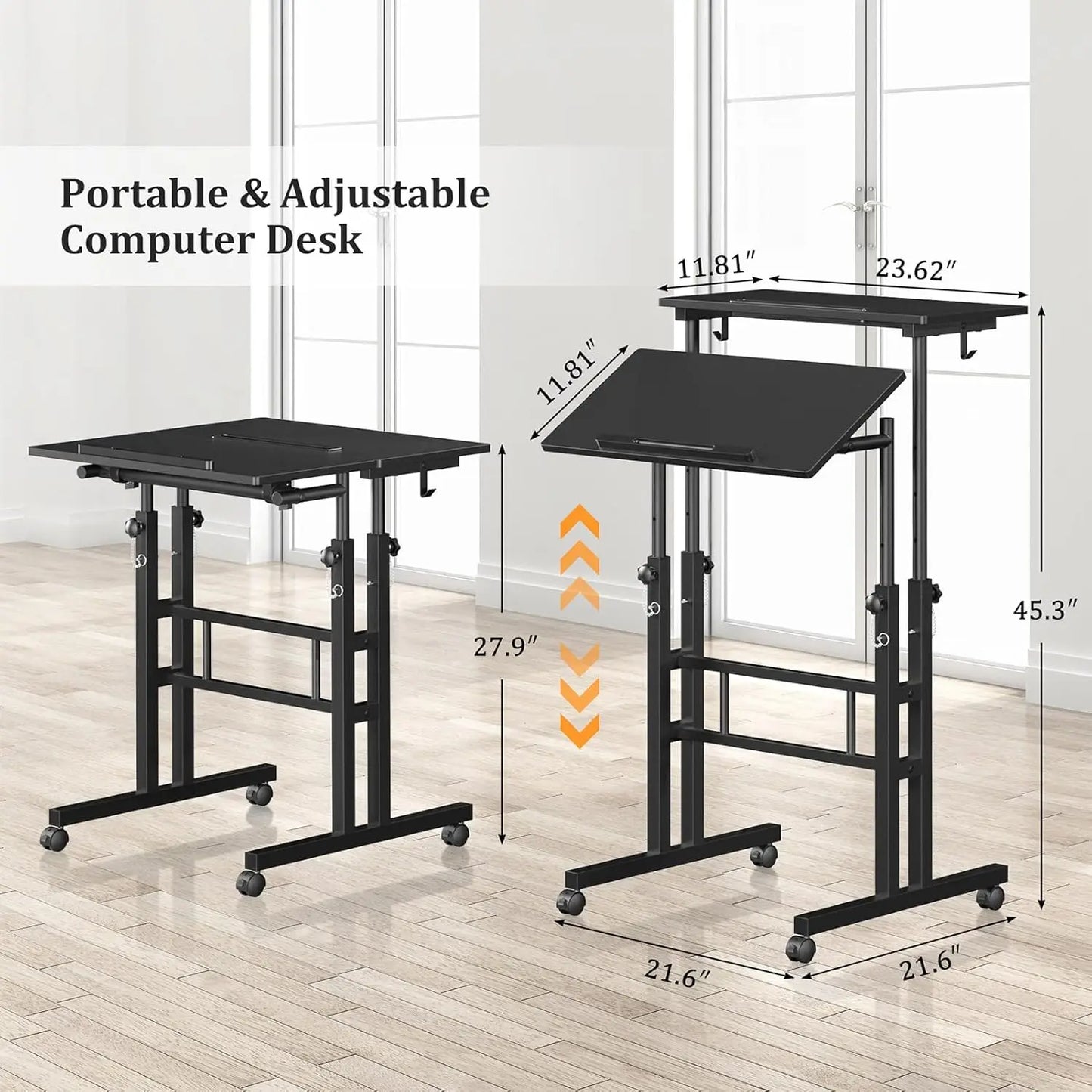 Mobile Standing Desk with Wheels Portable Adjustable Height Office Table