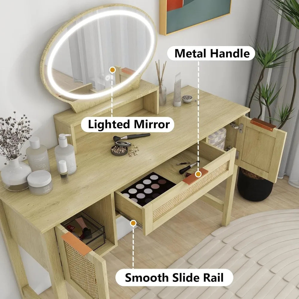 Rattan Vanity Desk with Mirror and Lights 47 Inch Boho Makeup Table