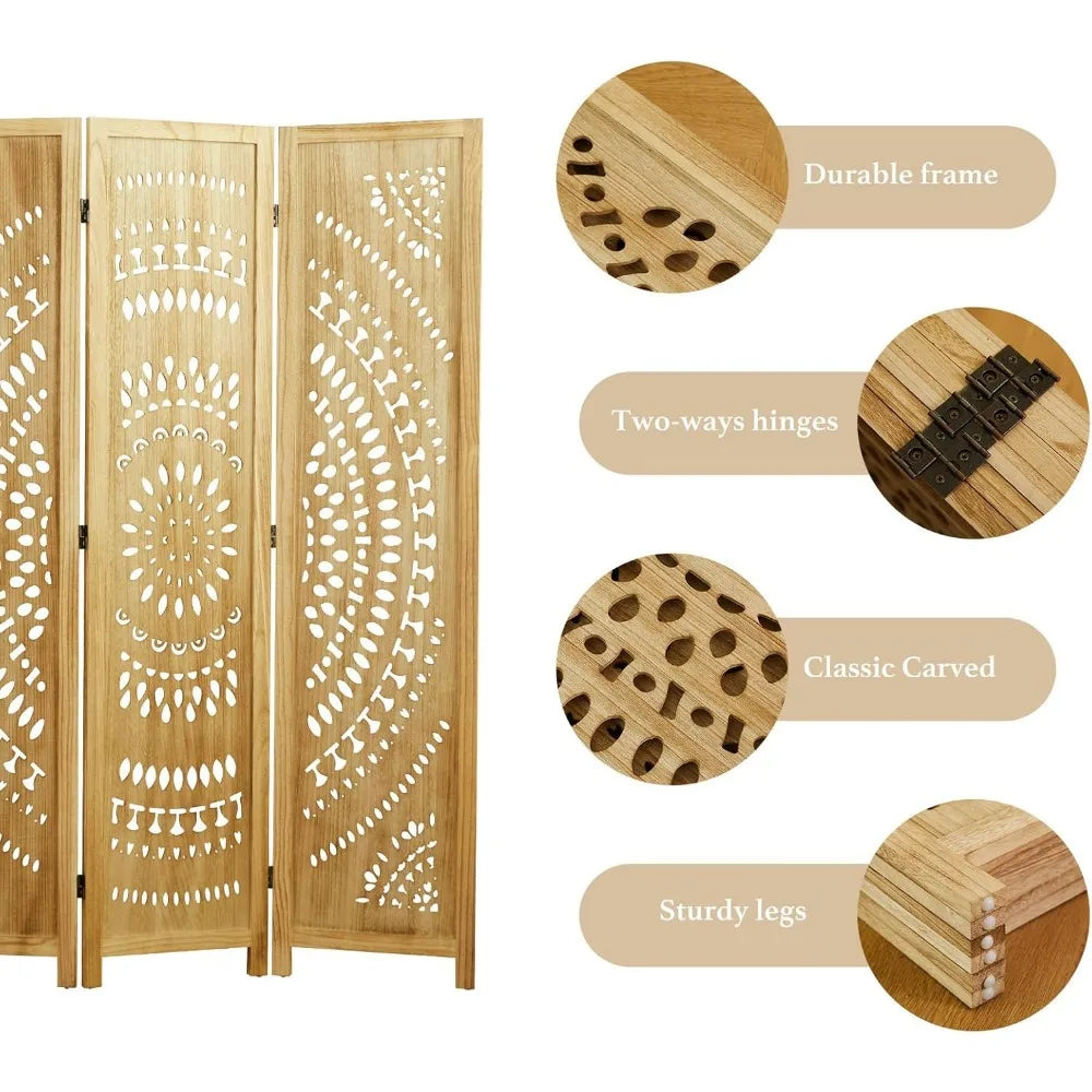66.9Inch Folding Room Divider 6 Panel Wood Carved Privacy Screen Partition