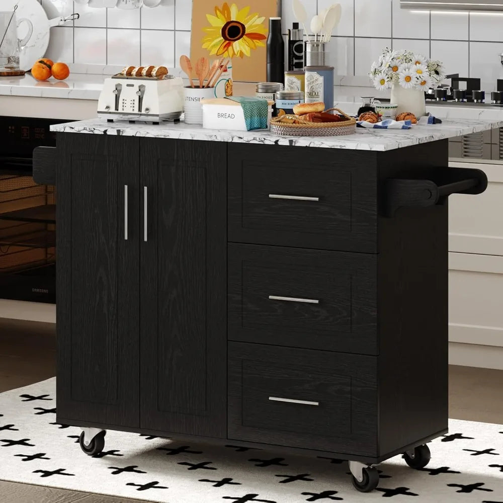 Rolling Kitchen Island Cart with Storage Drop Leaf Marble Top on Wheels