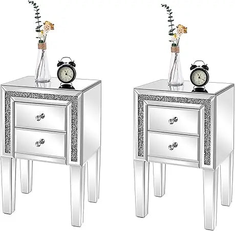 Mirrored Nightstand Set of 2 Modern Glass End Tables with Storage
