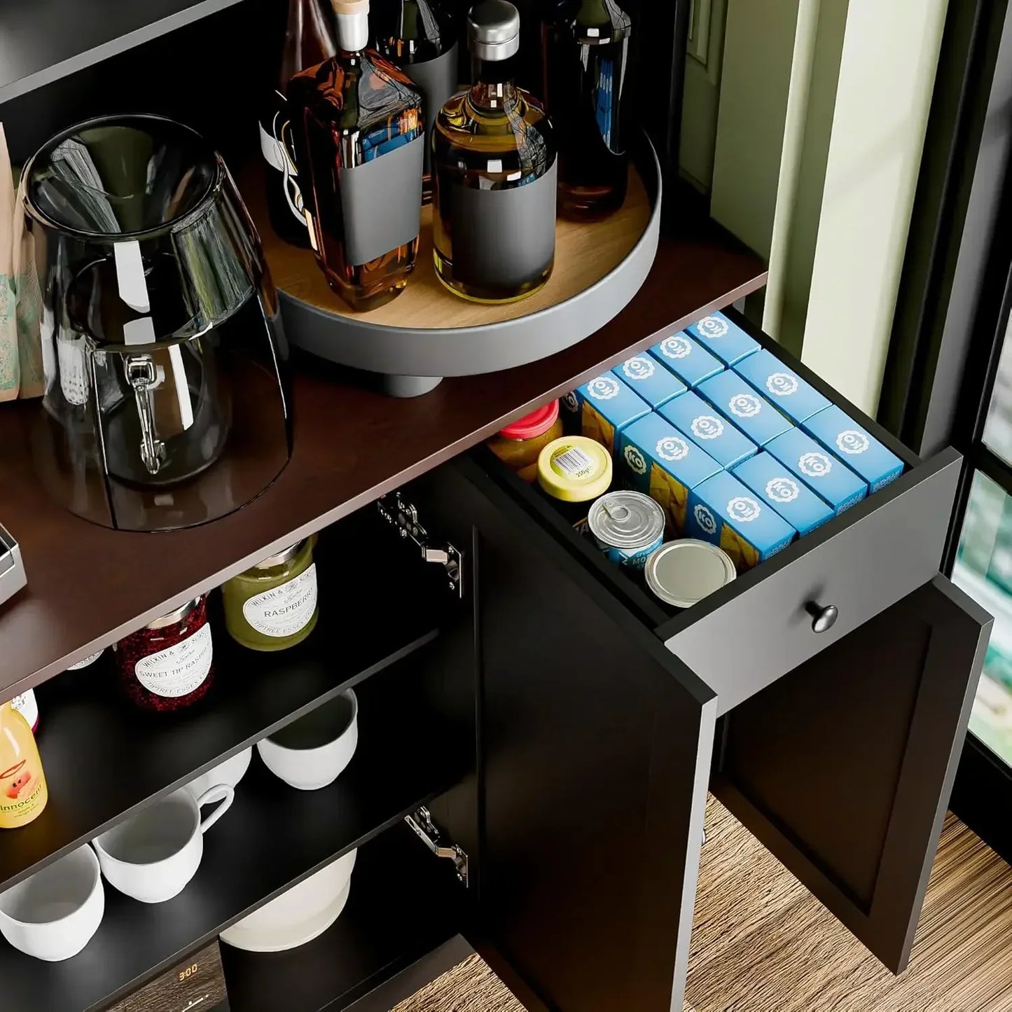 71 Inch Tall Kitchen Pantry Storage Cabinet with Microwave Stand Black