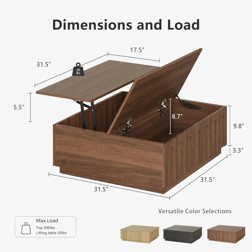 Lift Top Coffee Table Modern Storage Walnut Arched Design 31.5 Inch