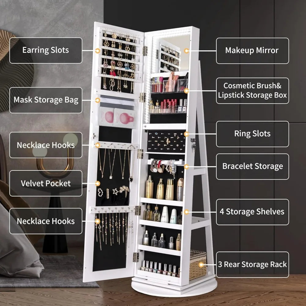 Full Length Mirror Jewelry Armoire with LED Lights Storage Cabinet