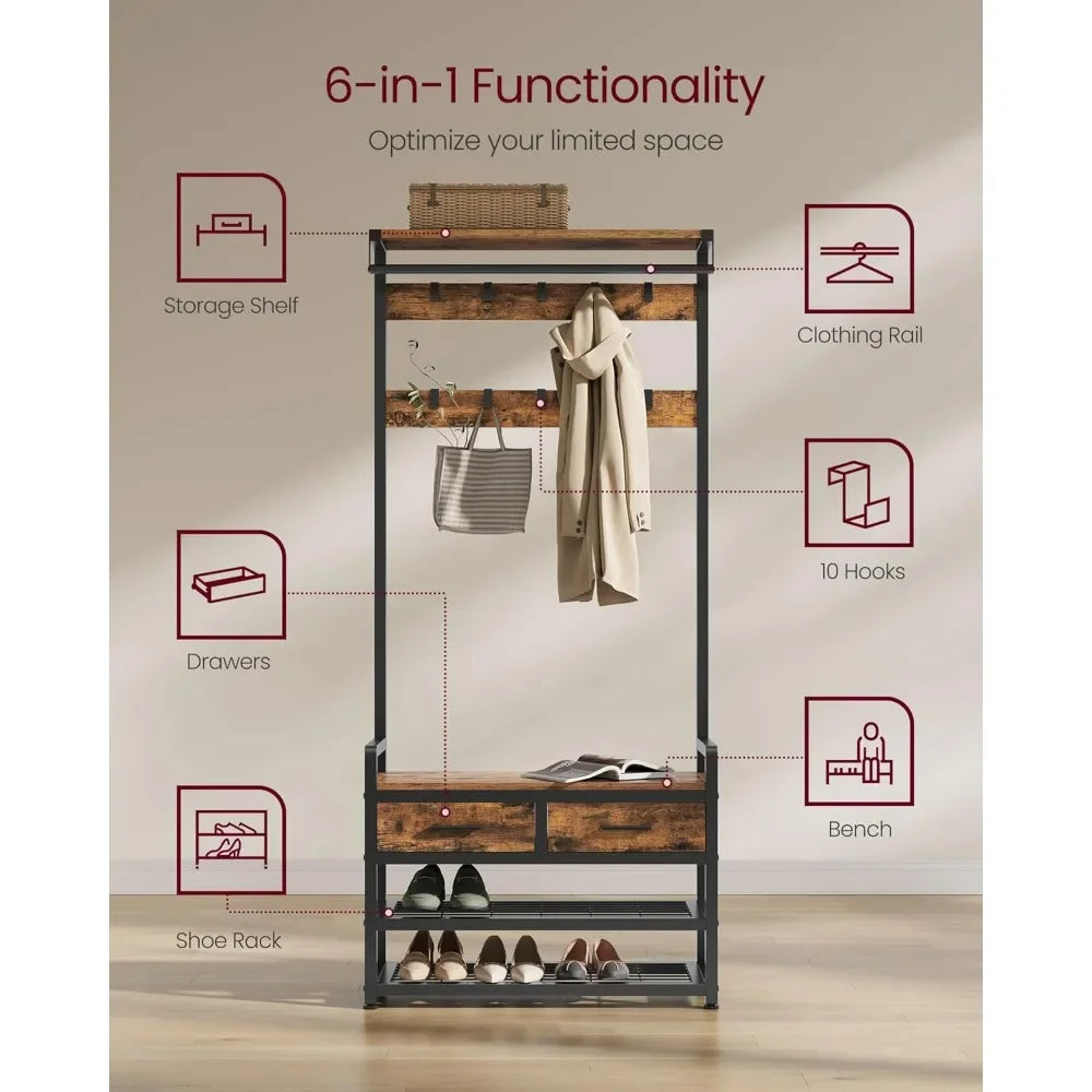 Entryway Coat Rack Shoe Bench with Fabric Drawers and Hooks