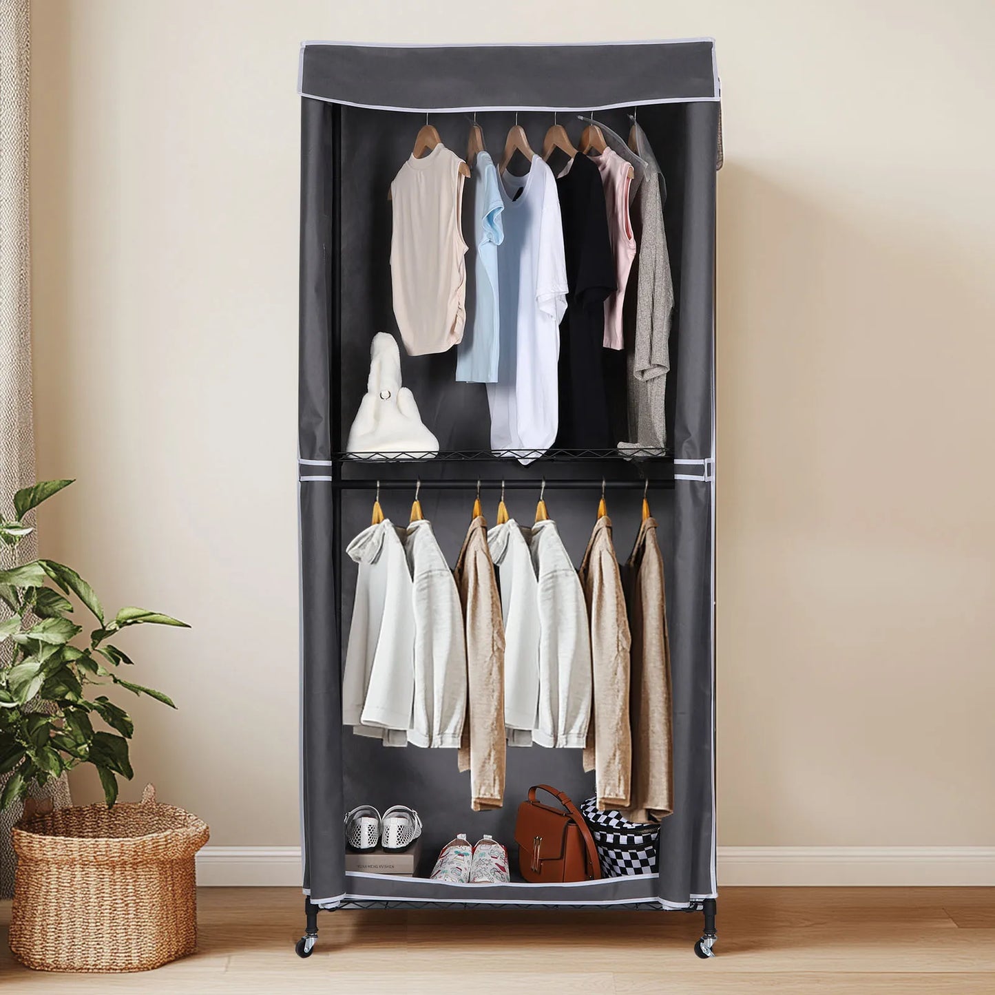 Portable Storage Closet with Wheels Heavy Duty Garment Rack with Cover