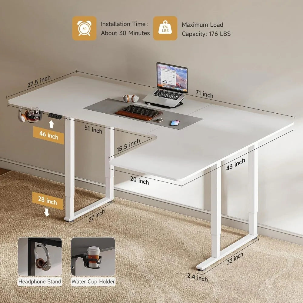 L Shaped Electric Standing Desk 71x43 Inches Adjustable Height Dual Motor