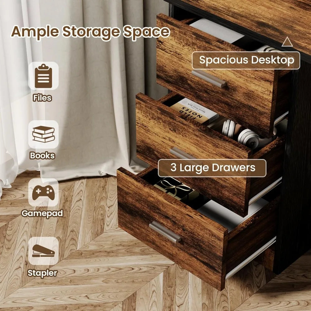 Small Modern Desk with 3 Drawers for Home Office and Bedroom Storage