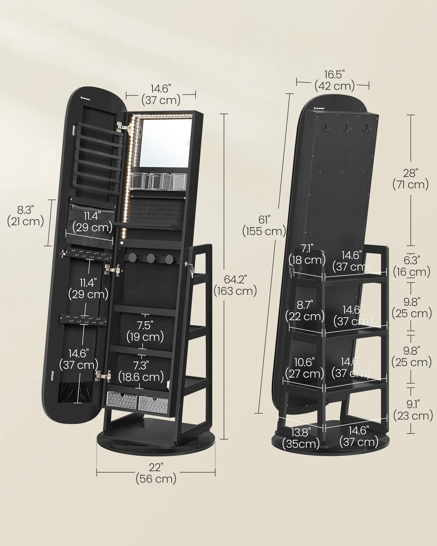 Ljustra LED Jewelry Cabinet 360 Swivel Organizer Lockable Mirror