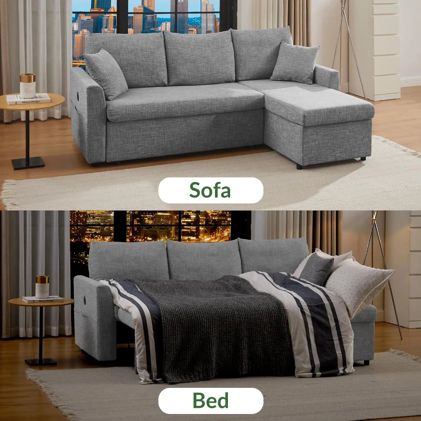 L Shaped Convertible Sleeper Sofa Bed Sectional Couch USB Charging