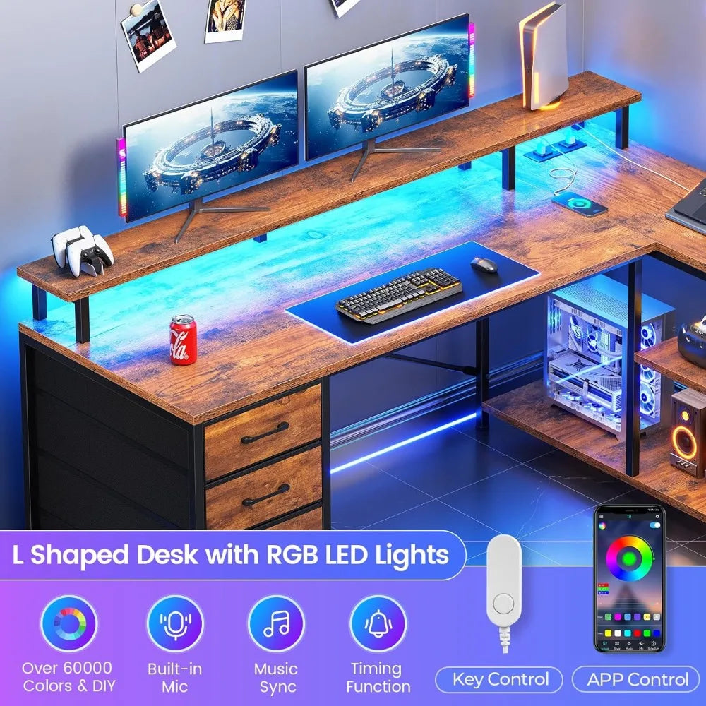 L Shaped Desk with LED Lights Power Outlets and 4 Drawers for Gaming