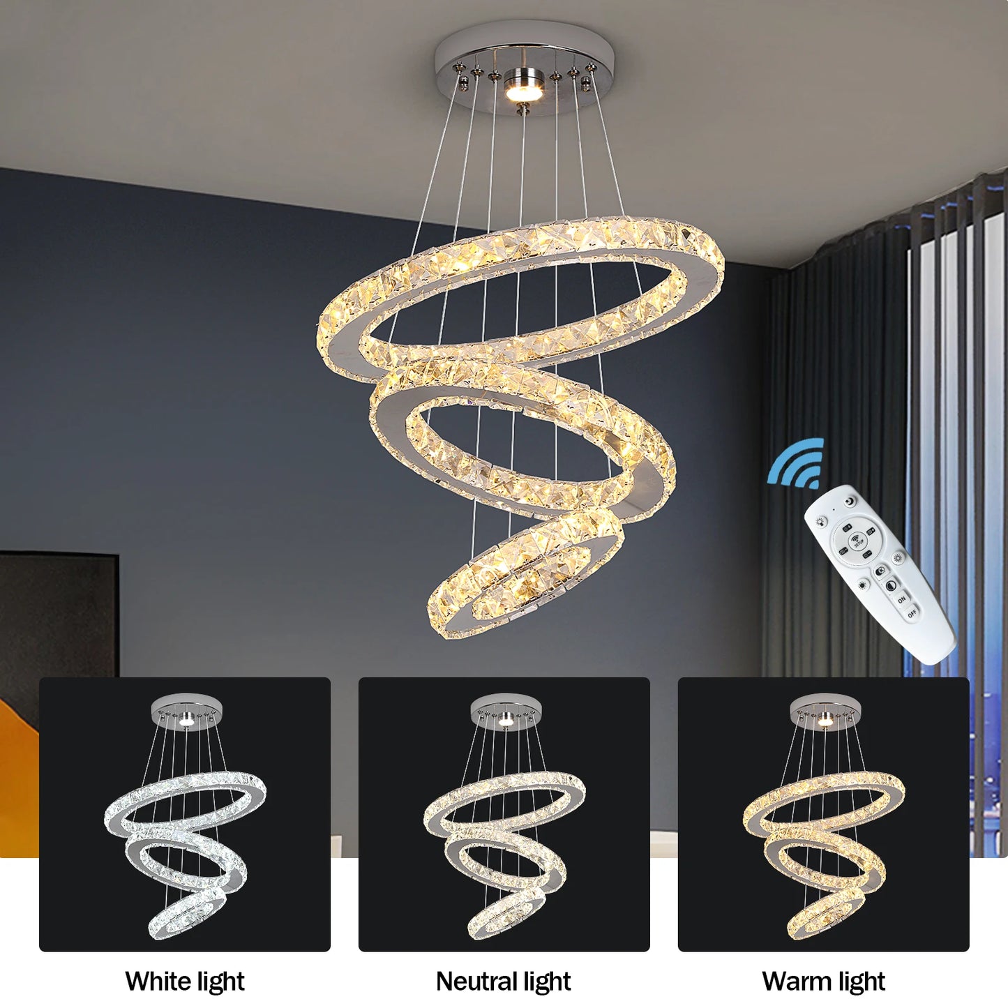 Modern Crystal Chandelier Pendant Light Dimmable LED with Remote Control