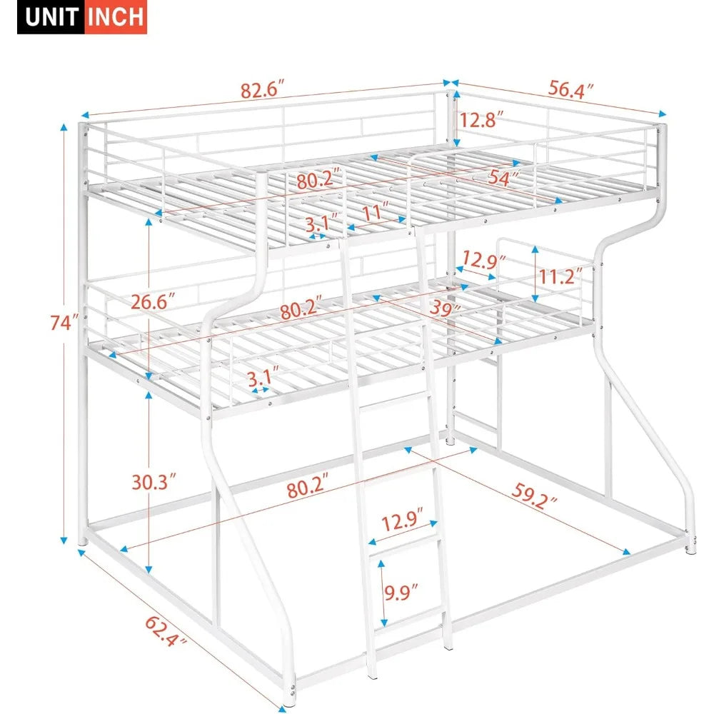 Triple Metal Bunk Bed Full XL Twin XL Queen Frame with Guardrails