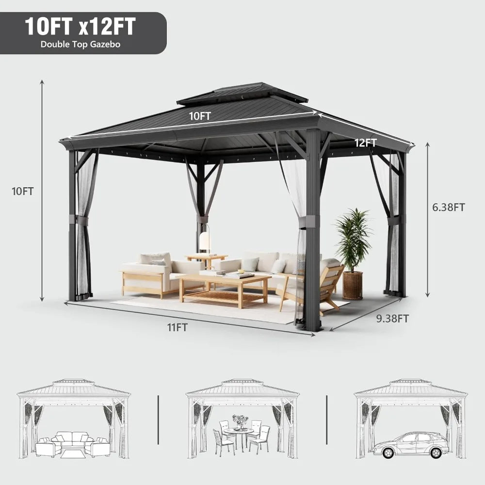 Sturdy 10x12 Aluminum Frame Gazebo with Steel Roof and Mosquito Netting
