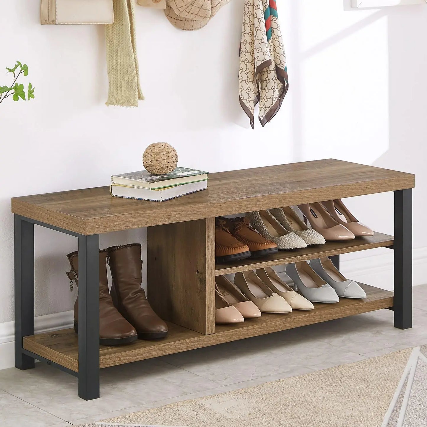 Entryway Bench with Shoe Storage Rustic Wooden Hallway Furniture