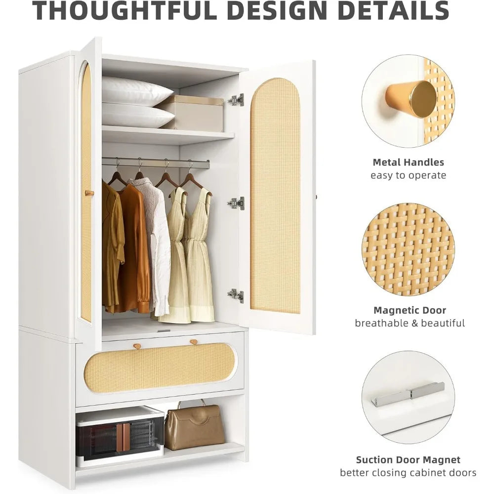 Rattan Wardrobe Closet 70 Inch Tall Large Armoire Storage Cabinet
