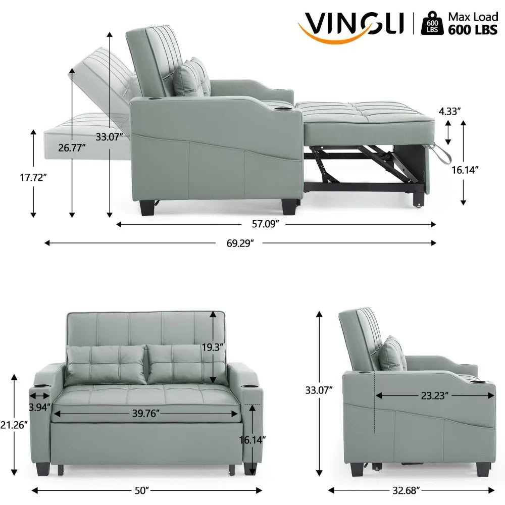 3-in-1 Convertible Futon Sleeper Sofa Bed Pull Out Loveseat with USB & Side Pockets