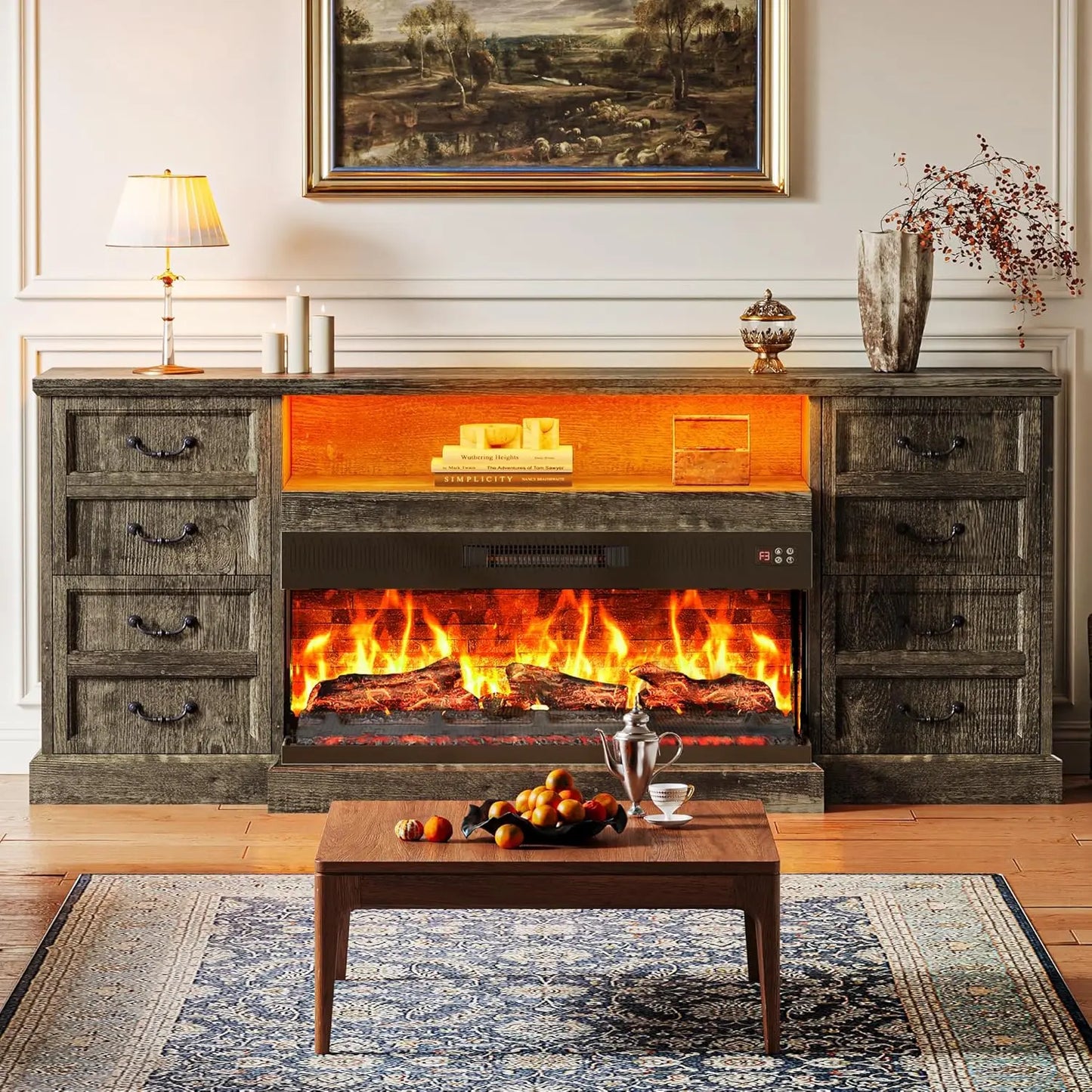 Fireplace TV Stand for 75 Inch TV 3-Sided Glass Entertainment Center