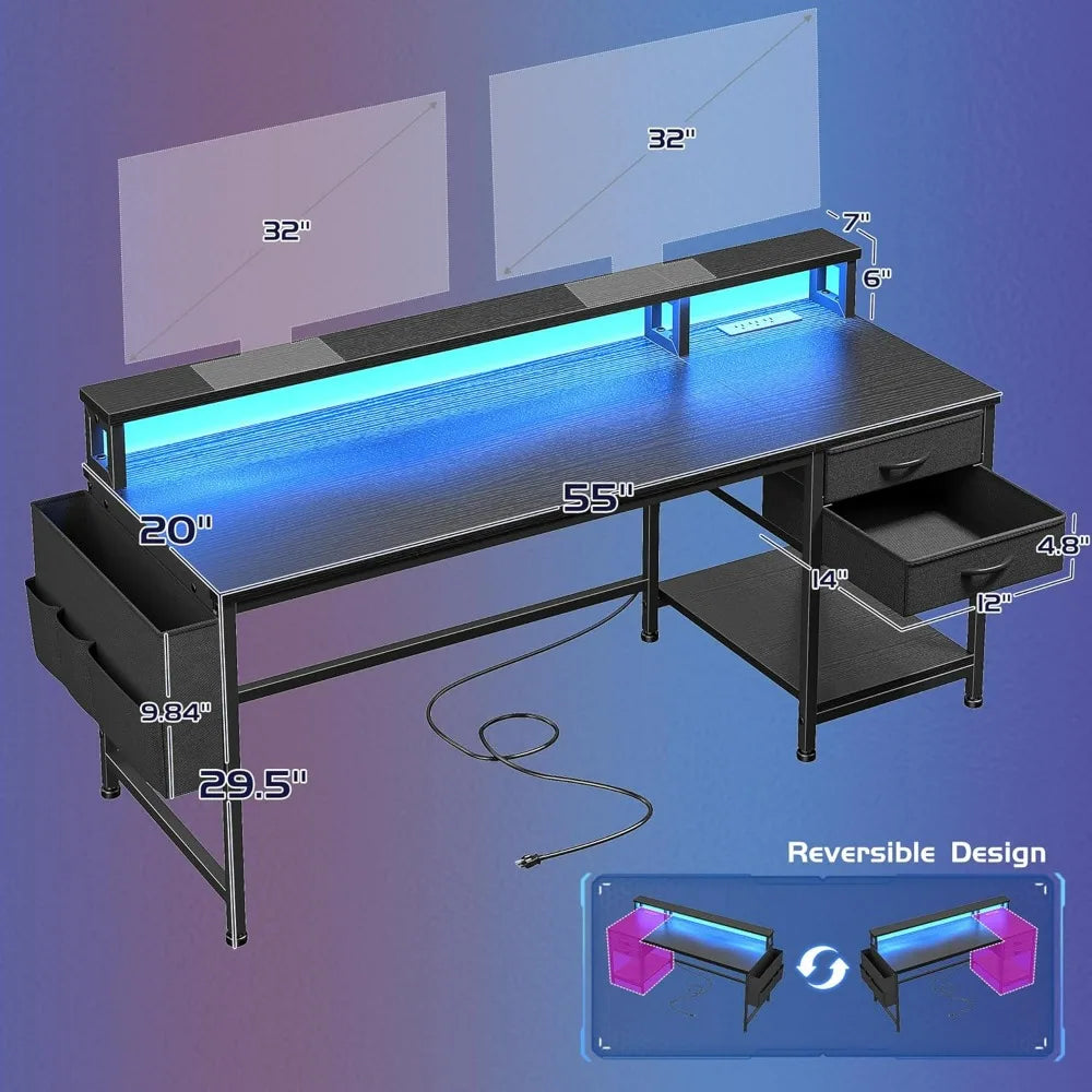 Ljustra Computer Desk with Drawers Storage Bag Power Outlets Monitor Stand