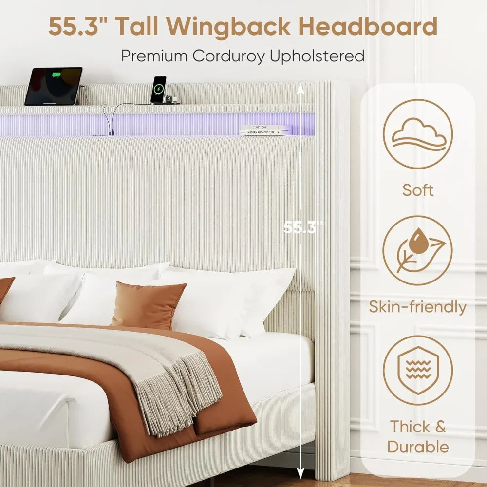 55.3 Inch Corduroy Upholstered Platform Bed Frame with LED USB Charging