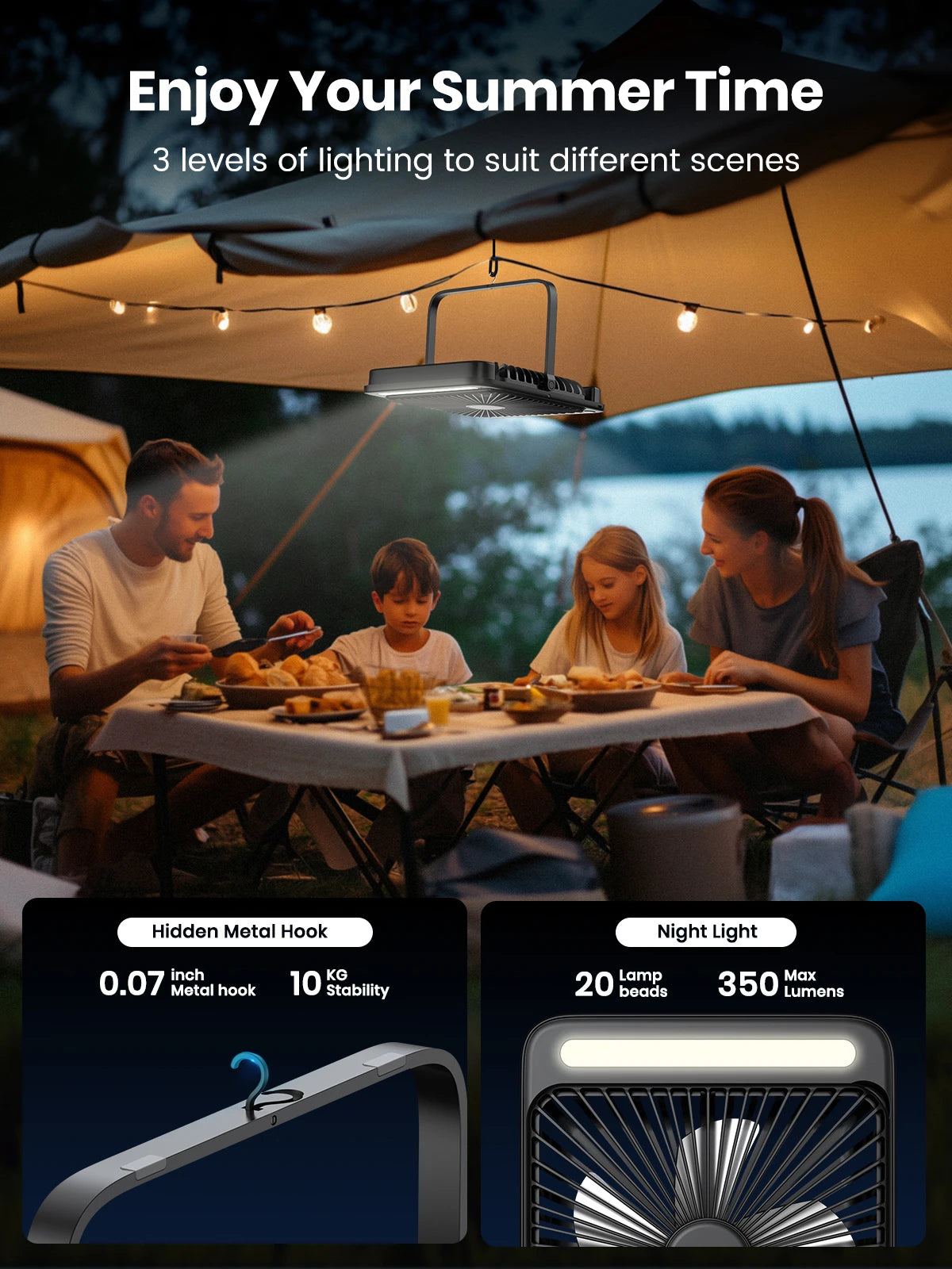 Ljustra 20000mAh Portable Camping Fan with LED Light Quiet Desk Fan