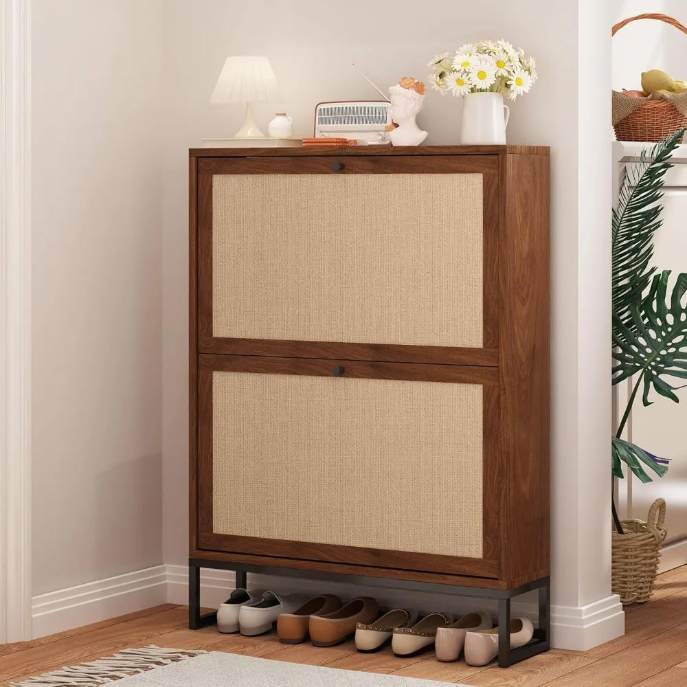 Modern Shoe Cabinet Freestanding Shoe Organizer with 2 Flip Drawers