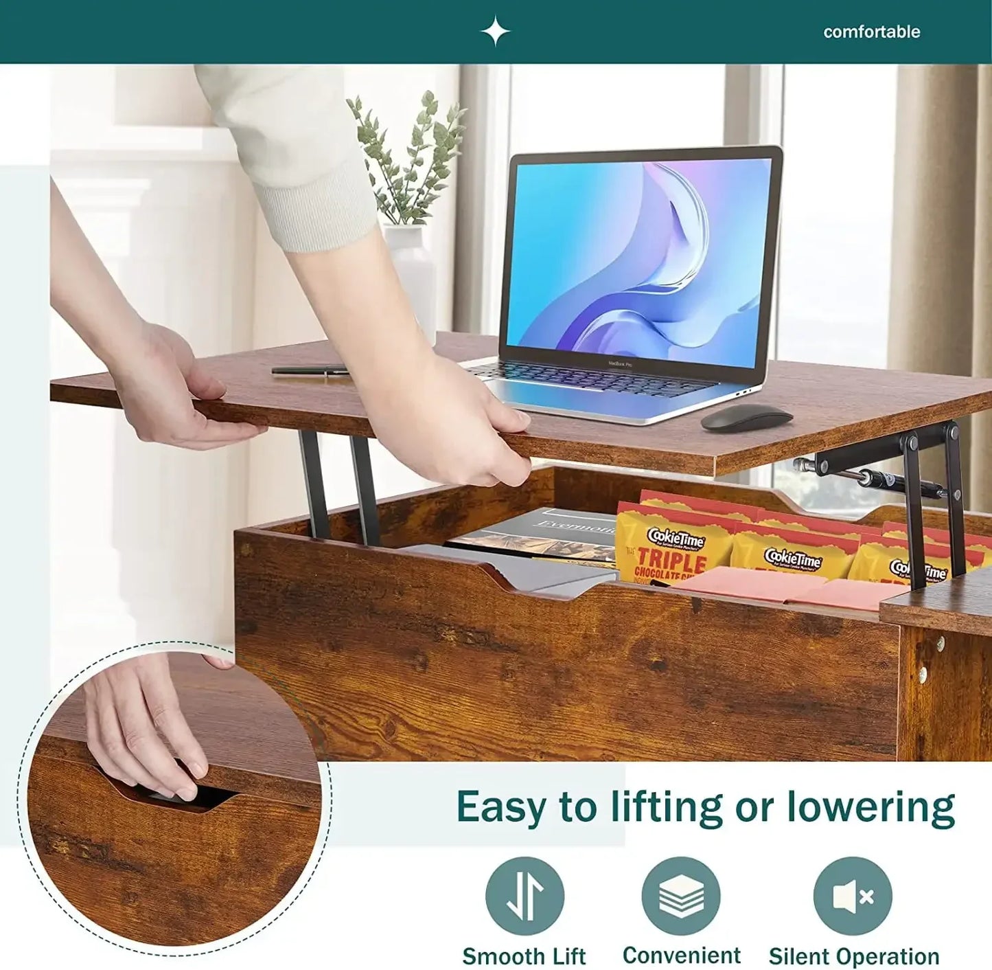 Adjustable Height Wooden Coffee Table with Hidden Storage for Small Spaces