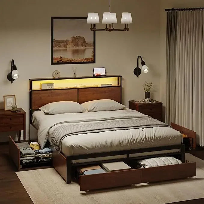 Queen Bed Frame with Storage Headboard 4 Drawers LED Lights Platform