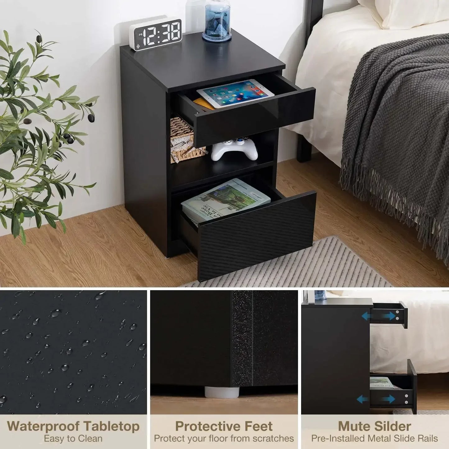 Modern Nightstand 2 Drawer Open Shelf Bedside Table High Gloss Storage