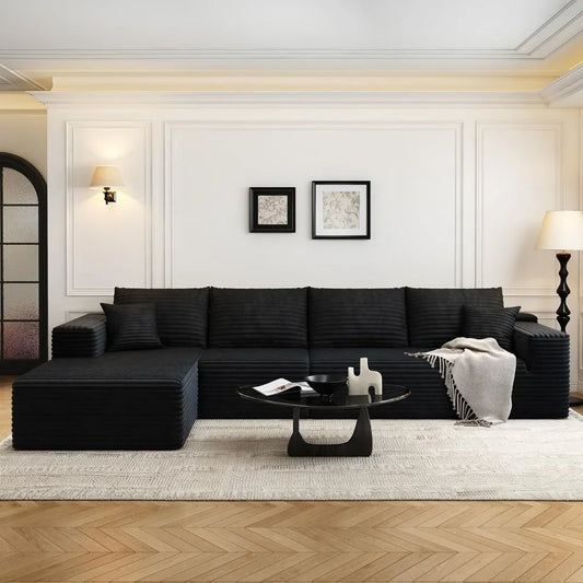 135” L-Shaped Modular Cloud Sectional Sofa Black Corduroy Couch w/ Chaise
