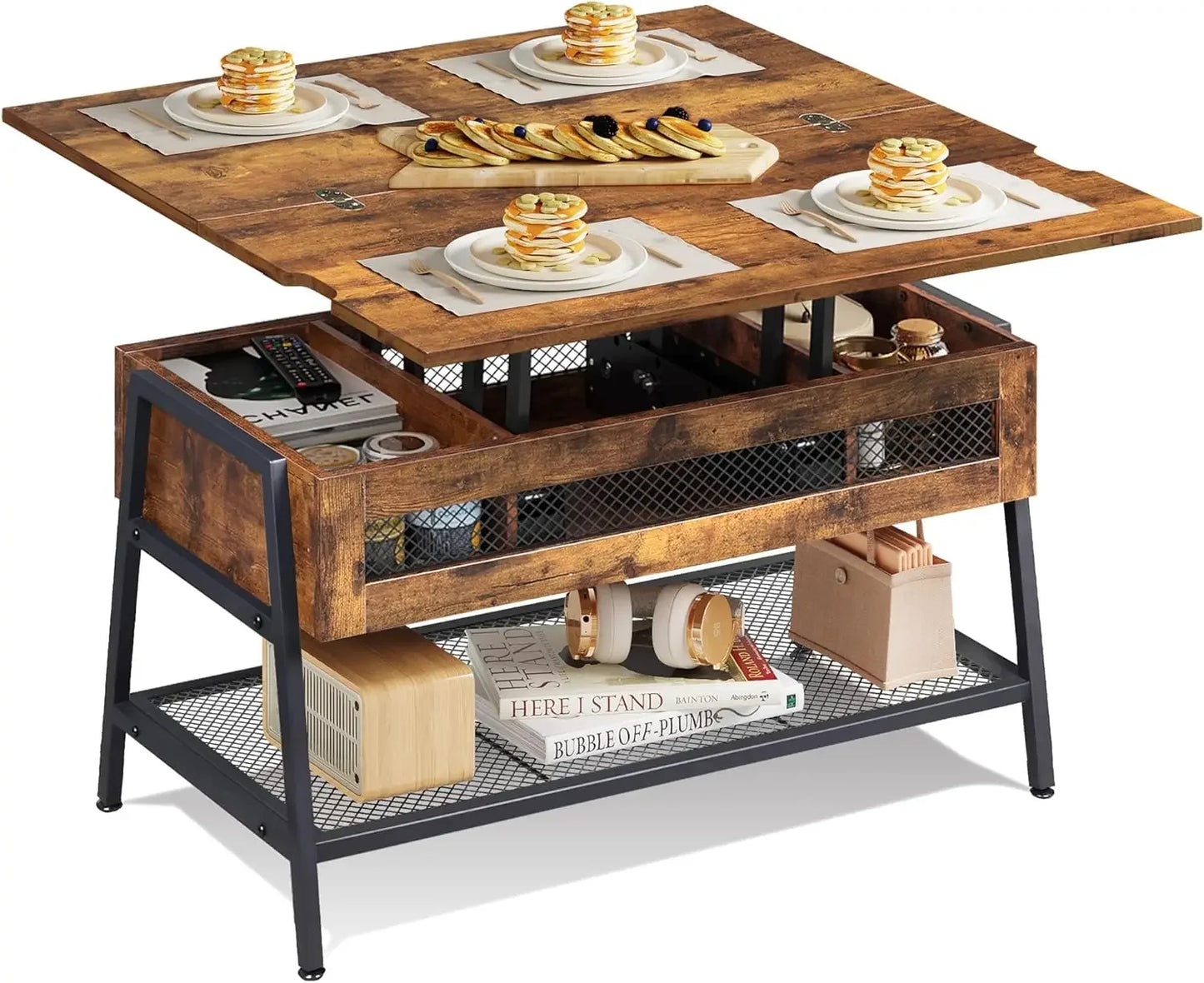 Rustic Brown 3-in-1 Lift Top Coffee Table Multi-Function Dining Table