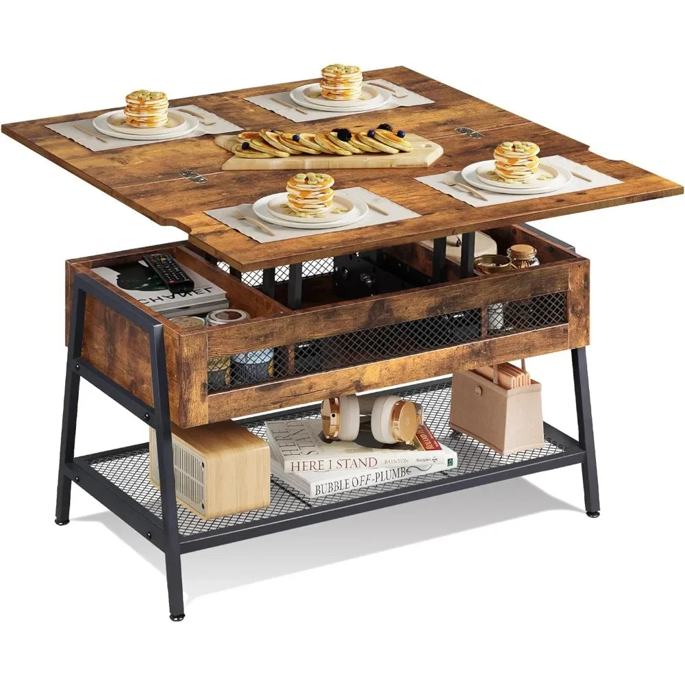 Rustic Brown 3-in-1 Lift Top Coffee Table Multi-Function Dining Table