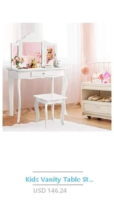 Makeup Vanity Set Writing Desk Trifold Mirror Stool Organizer Wood Retro